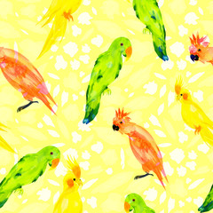 parrots seamless print on illuminating yellow background, pattern with australian birds painted in watercolor.