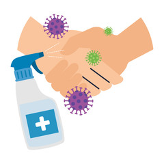 hands with particles covid 19 and bottle spray sanitizer vector illustration design