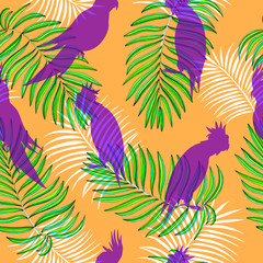 Fototapeta na wymiar tropical print with parrots and palm branches on an orange background, bird silhouettes among leaves pattern.
