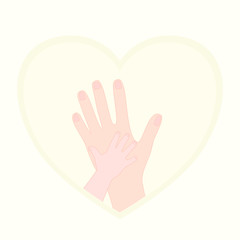 Mother and baby hand Is holding together  In the light yellow heart. Love and trust in family. Motherhood bonding. Donate, encouragement, hospital concept.