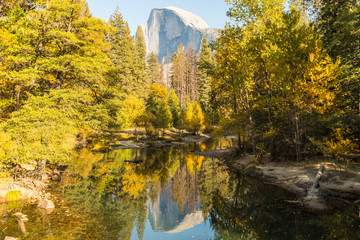 View of the Half Dome and the Merced River from the Sentinel Bridge in Yosemite National Park