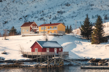 Wooden Nordic red house on coastline in winter at Lofoten Islands