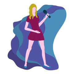 Young woman singer sings song. Beautiful blonde girl dressed in cocktail dress holds microphone. Design for karaoke, song contest, music. Flat vector trendy illustration isolated on white background.