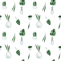 Wallpaper murals Plants in pots Seamless pattern with cute colorful hand drawn plants pots. Botany watercolor illustration. Isolated