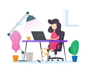 Person working from home office sitting on table desk workplace or freelancer girl distance job online on laptop computer work place in house abstract room vector flat isolated, learning or study idea
