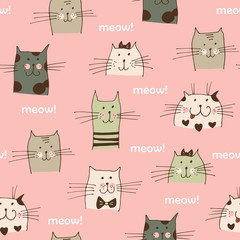 Cat faces vector seamless pattern; hand drawn cats with text Meow isolated on pink background