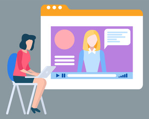 Woman watching video in laptop, business education or webinar. Screen of app in computer, e-learning course, web seminar, wireless device, media vector