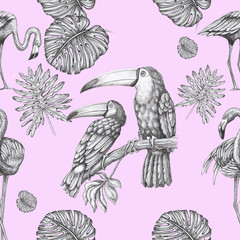tropical pattern with flamingos toucans palm leaves pink background
