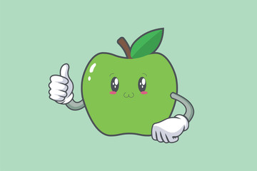 SMILING, HAPPY, UWU Face Emotion. Thumb Up Gesture.Green Apple Mascot Illustration.