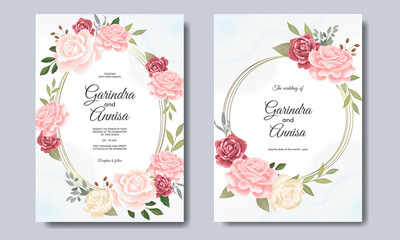 Elegant wedding invitation card template with beautiful floral leaves Premium Vector