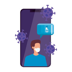 man using face mask in smartphone vector illustration designs