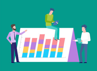 Teamwork on new project development vector, male wearing suits and formal clothes working with laptop and analysis of information, computer and board