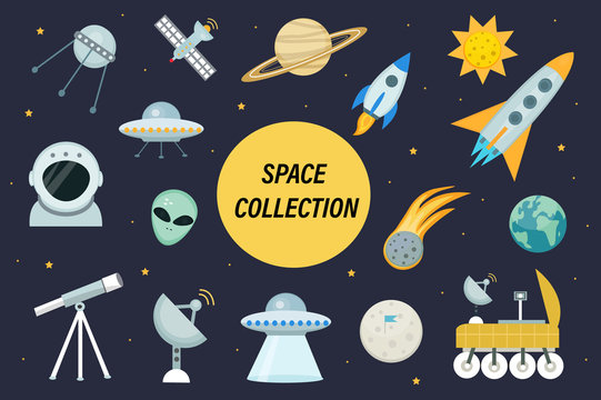 Space icon set flat style.Astronomical Cosmos collection with telescope, moon rover, saturn, rocket, astronaut, satellite, sun.Vector illustration