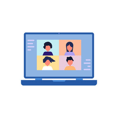 Colleagues talk to each other on the laptop screen. Conference video call, working from home. vector illustration