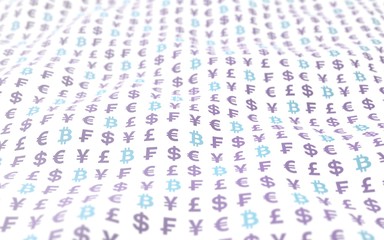 Bitcoin and currency on a white background. Digital crypto currency symbol. Wave effect, currency market fluctuations. Business concept. 3D illustration