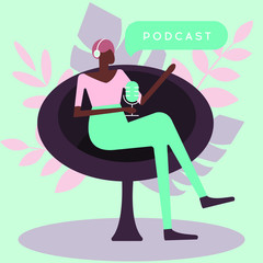 Podcast vector illustration. A female is doing live podcasts. Radio host. flat vector illustration. Media hosting Female podcast.