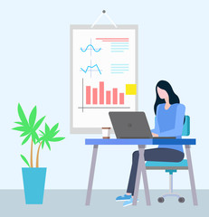 Worker woman using laptop at desktop, employee creative business idea on workplace. Person working with computer in office, board with graph report vector