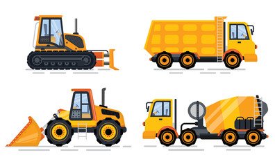 Obraz na płótnie Canvas Construction equipment vector, isolated machinery transport for work. Bulldozer and tractor, cement mixer and excavator, building working process