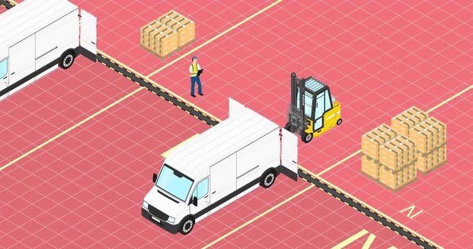 Logistics concept. Yellow forklift loading a pallet with boxes into a van. Simplistic isometric view animation.