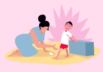 Boy hurt knee vector illustration. Mother takes care of her son. The kid is sick at home. The child has a damaged leg. Maternal stress. A woman is using band-aid for her baby.