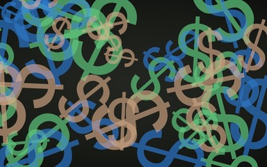 Multicolored translucent dollar signs on dark background. 3D illustration