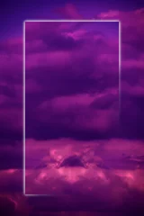 Wall murals Violet Aesthetic modern art collage with clouds sky in style of the 80-90s. Real natural sky composition in bright neon colors. Vaporwave, Cyberpunk, Synthwave, webpunk and surreal style. Zine culture.