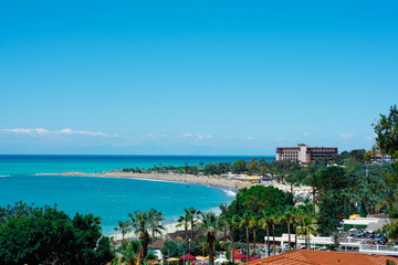 Beautiful sea view on the Turkish coast in clear sunny weather during the tourist season, Mediterranean Sea