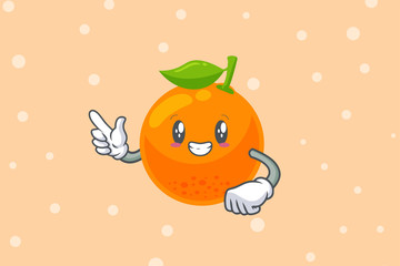 SMILING, HAPPY, GRIN SMILE Face. Forefinger, pointed at Gesture. Orange Citrus Fruit Cartoon Mascot Illustration.