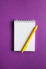  Spiral notebook with pen as a mockup for design on a colored background. The concept of writing text, list. Copy space.