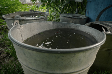 Rainwater collected in bucket for watering garden and plants. Saving rain water in barrel in the garden. Environmentally friendly gardening. Water filled pail. Eco-friendly concept