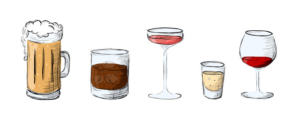Set of alcoholic beverages in a sketch style. Party drinks  isolated.