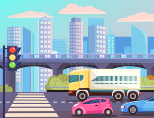 Cityscape with street with zebra vector, transportation cars on roads. Traffic lights and bridge with automobile, modern skyscrapers and buildings lorry illustration in flat style design for web