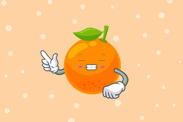 FRUSTRATED, GRIN SMILE, NERVOUS Face. Forefinger, pointed at Gesture. Orange Citrus Fruit Cartoon Mascot Illustration.