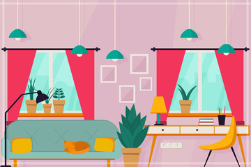 Room with a modern interior on a pink background with two Windows. Vector illustration. - 350623214