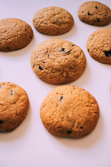 Homemade chocolate cookies isolated on white background with copy space.