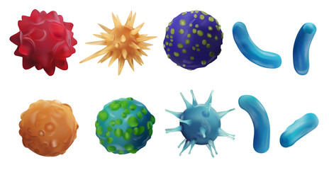 Naklejka premium Virus disease. Abstract background virus. Set virus. Virus icon set. Infection flu, pneumonia.Bacteria, microbes fungi. Danger to a living organism.Viruses under the microscope.3d illustration.