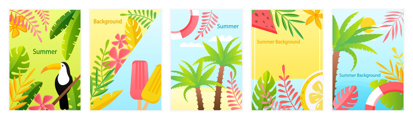 Fototapeta na wymiar Set of six Colorful Summer Layout design Greeting Cards. Suitable for banner, cover book, poster. Easy to edit. Can be for printing or web design. Light pleasant summer colors Flat Vector Illustration