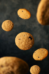 Fototapeta na wymiar Homemade chocolate cookie falling with dark background. Selective focus.