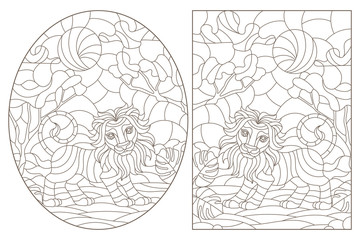 Set of contour illustrations of stained glass Windows with lions, dark contours on a white background