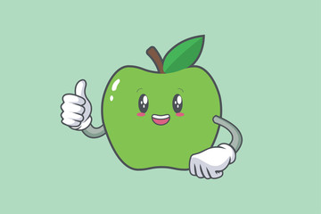 SMILING, HAPPY, cheerful Face Emotion. Thumb Up Gesture.Green Apple Mascot Illustration.