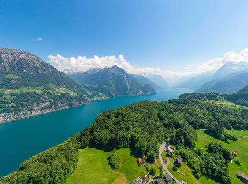 Panorama of Switzerland. Canton of Uri. Lake Lucerne. Aerial view. Swiss Alps