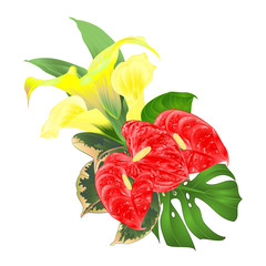 Bouquet with tropical flowers  floral arrangement, with beautiful  yellow lilies Cala and anthurium, palm,philodendron and ficus watercolor vintage vector illustration  editable hand draw
