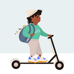 International Children's Day. Modern children. Afro american boy in trendy clothes with a backpack rides an electric scooter. Bright vector flat illustration in cartoon style.