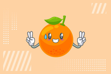 NERVOUS, PHEW, .DISAPPOINTED, RELIEVED Face. Double Peace Finger Gesture. Orange Citrus Fruit Cartoon Mascot Illustration.