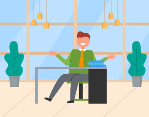 Smiling worker character sitting at table with documents, paperwork on workplace. Businessman working with documents in office, lamps and plants vector