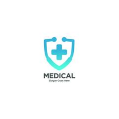 Fototapeta premium Medical shield protection logo isolate vector. Health Protection With Shield Logo Design Vector Template For Medical Or Insurance Company.