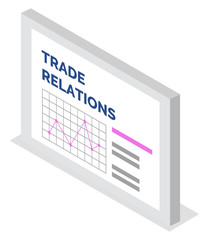 Trade relations presentation board with graph report. Data analysis growth statistic of rising chart icon isolated on white. Visualization element of financial success and research progress, isometric
