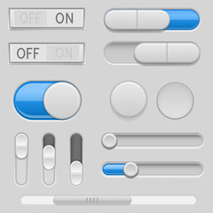Gray web buttons with blue design elements. Push buttons, toggle switch buttons and sliders