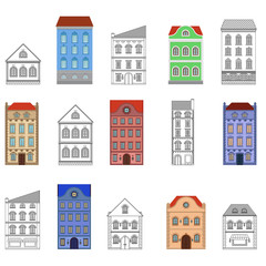 Houses. Set of european old buildings. Outline and colored drawing