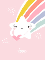Obraz na płótnie Canvas Creative vector illustration of kawaii star with rainbow tail. Funny design for cute greeting card or pretty poster